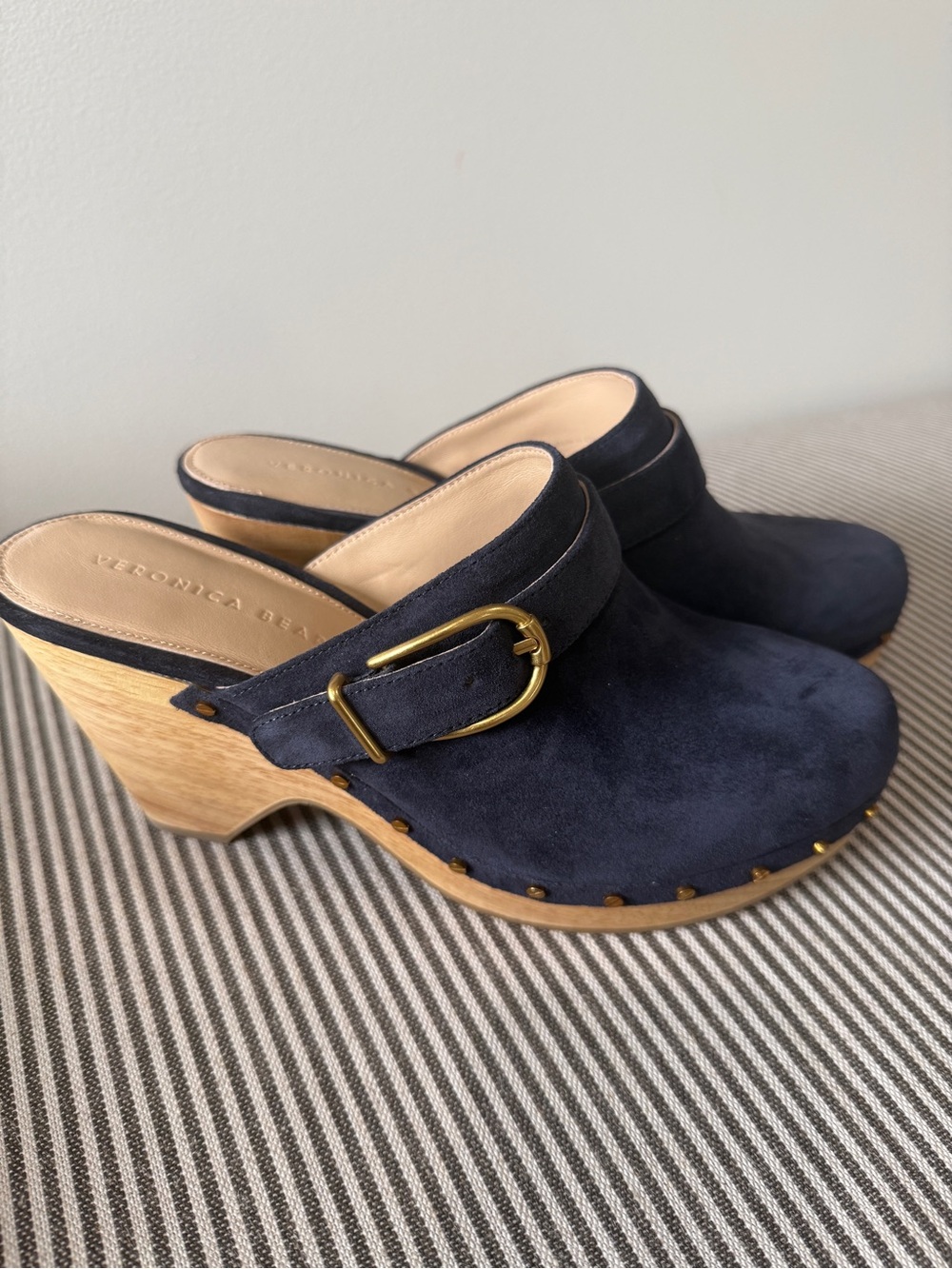 Veronica Beard Navy Suede Hendrix Clog with Gold-Tone Buckle